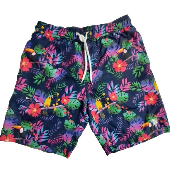 The US Polo Assn Other - US Polo Assn Men's Tropical Blue Parrot Print Swim Trunks Elastic Waist Size S